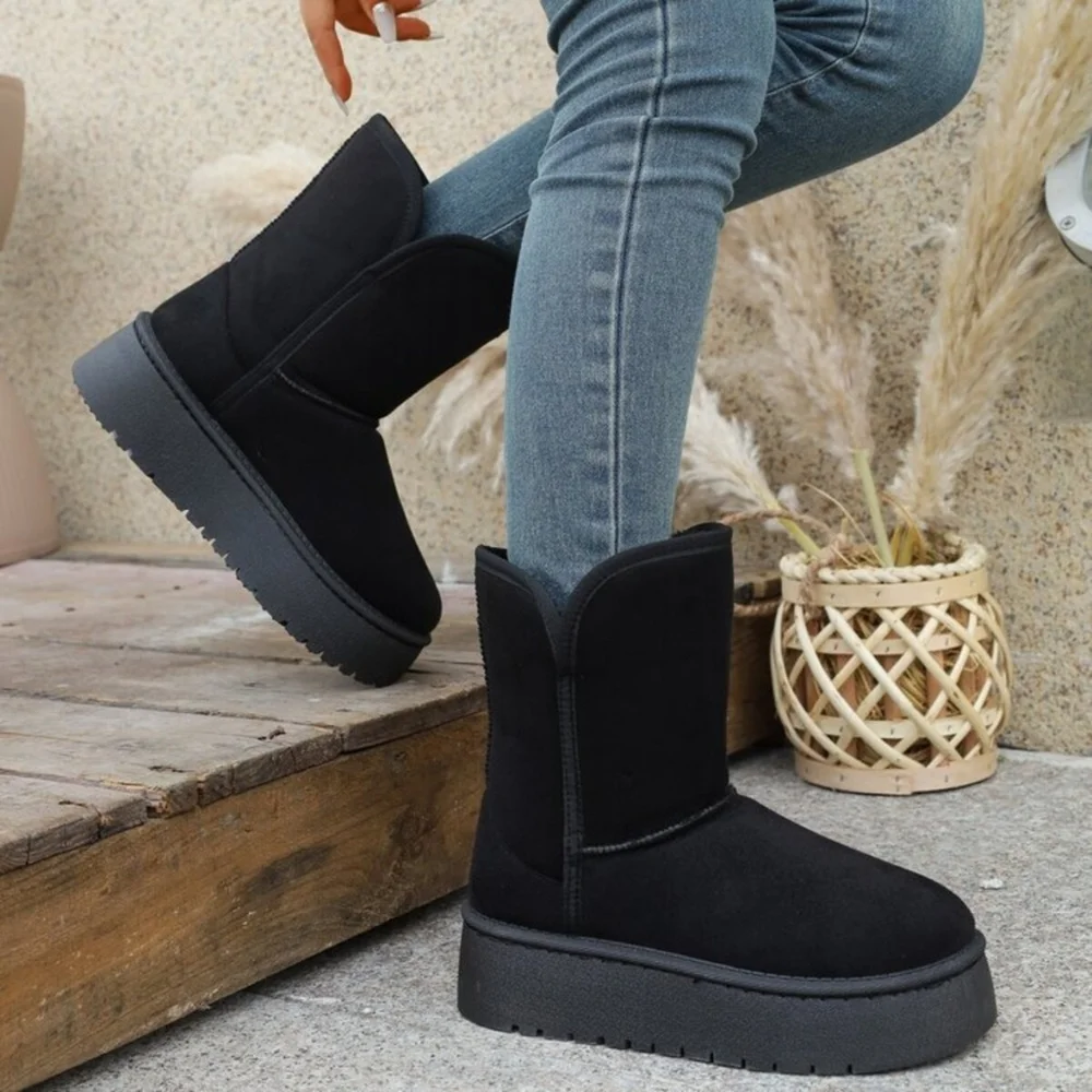 Platform Classic Short Boot Plush Faux Fur Vegan Suede Chunky Lug Winter Shoes